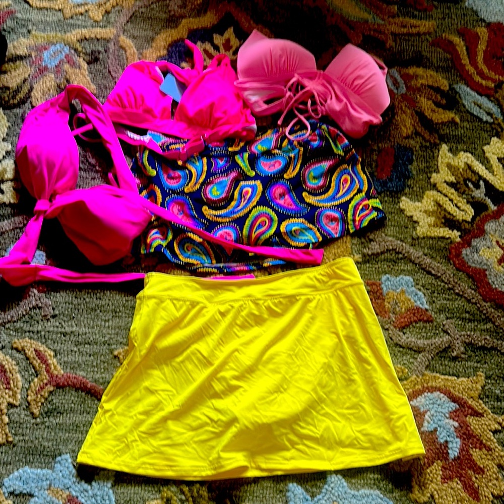 Lot of 3 pink tops 1 Venus swim skirt 10 1 lands end swim skirt 12